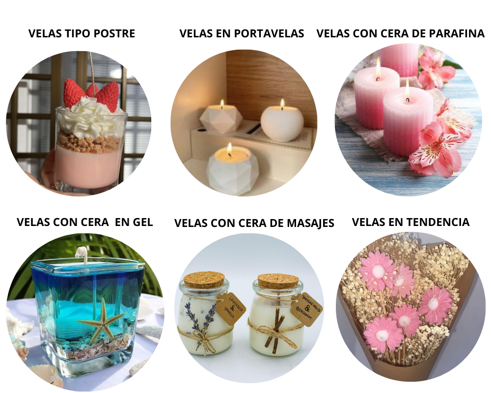 Muestras de velas artesanales: velas tipo postre, en portavelas, cera de parafina, cera en gel, velas de masajes y diseños en tendencia del curso de Andrea Herrera.